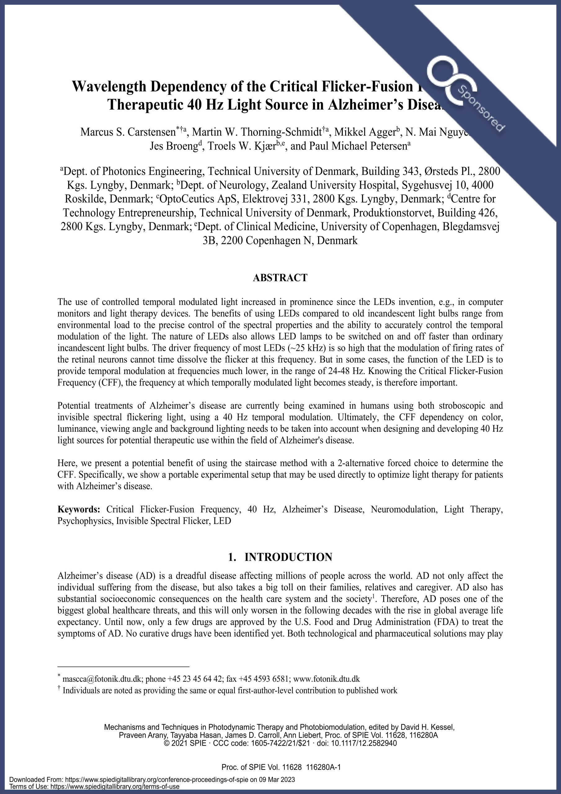 Wavelength Dependency of the Critical Flicker-Fusion Therapeutic 40 Hz Light Source in Alzheimer's Disease publication by Carstensen sponsored by Optoceutics