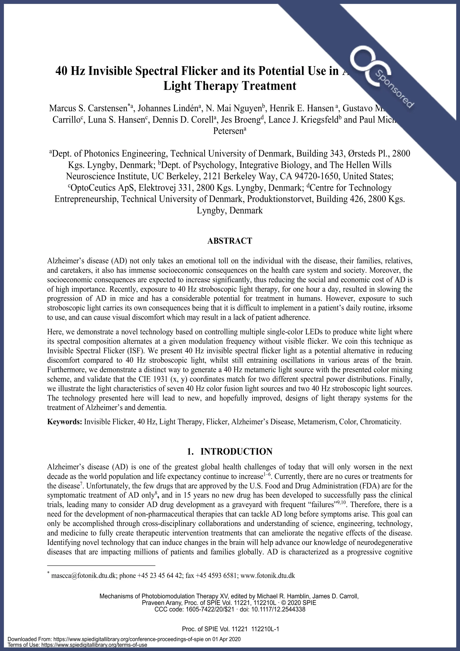 40 Hz Invisible Spectral Flicker and its Potential Use in Alzheimer's Disease Light Therapy Treatment by Carstensen 2020 sponsored by Optoceutics