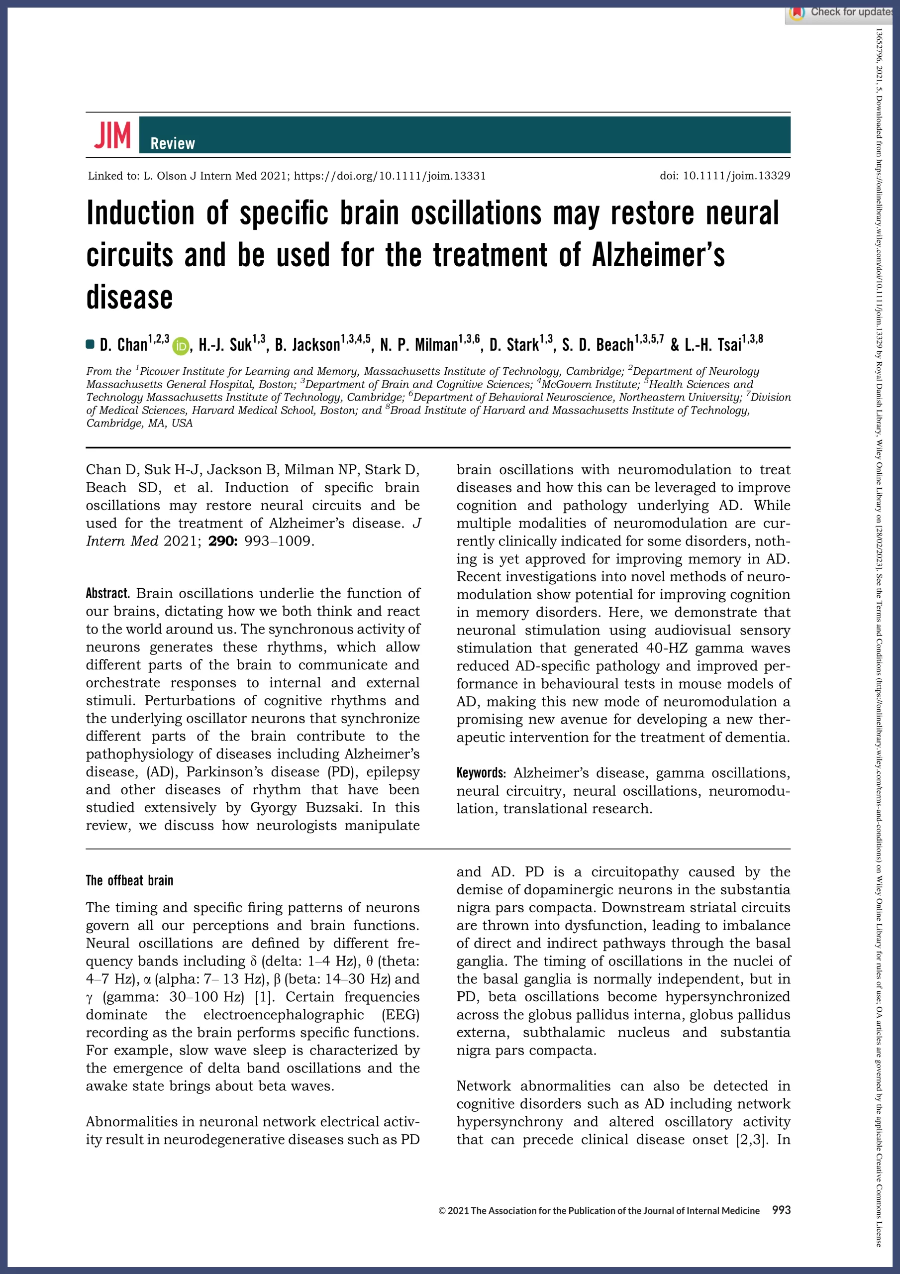 Induction of specific brain oscillations may restore neural circuits and be used for the treatment of Alzheimer's disease publication by Chan 2021