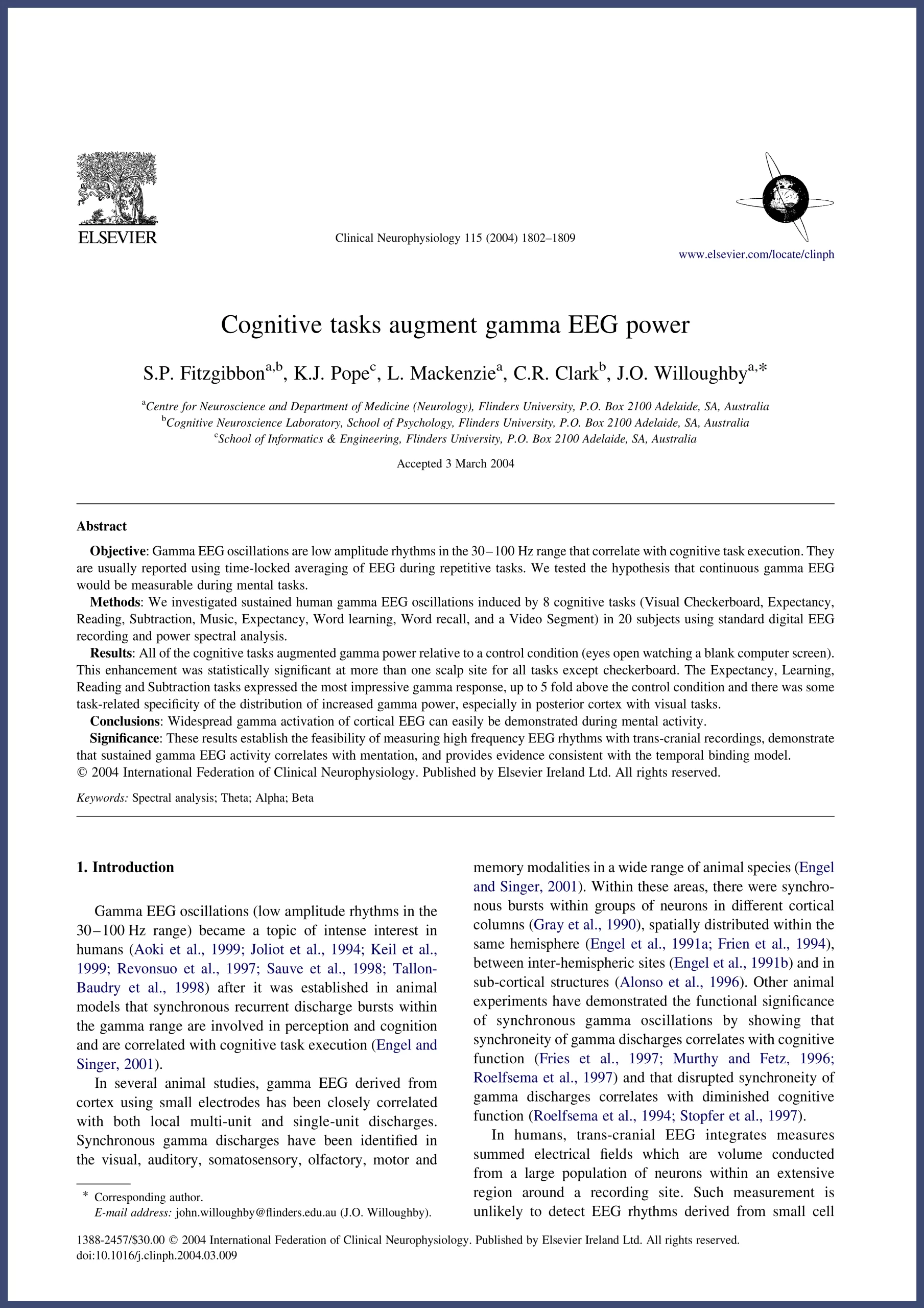 Cognitive tasks augument gamma EEG power publication by Fitzgibbon, 2004