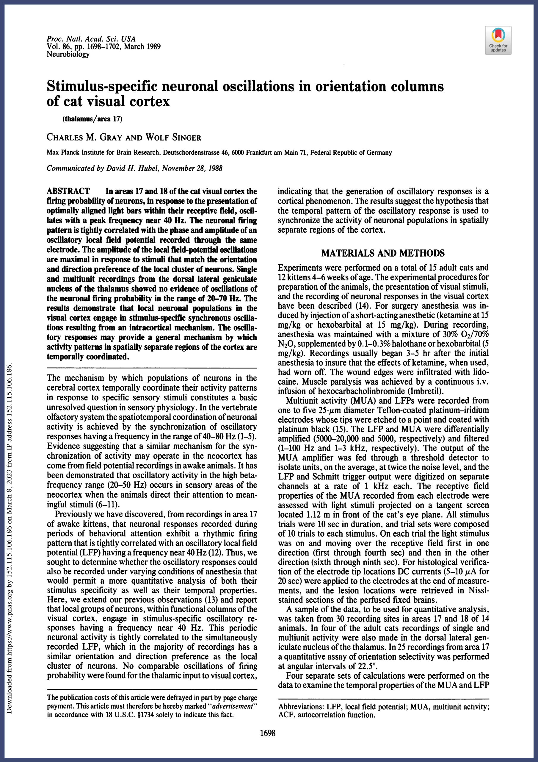 Stimulus-specific neuronal oscillations in orientation columns of cat visual cortex publication by Gray 1998