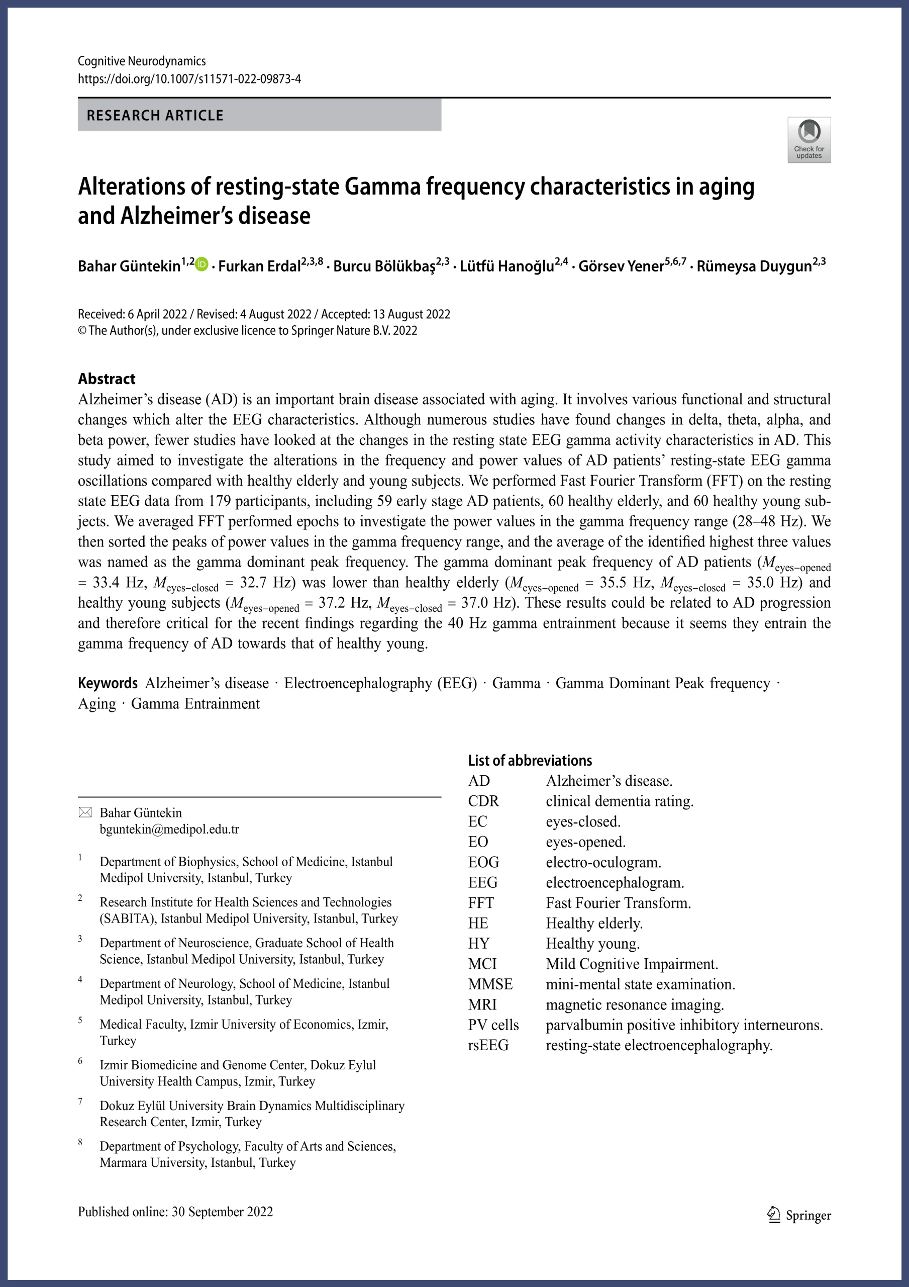 Alterations of resting-state Gamma frequency characteristics in aging and Alzheimer's disease publication