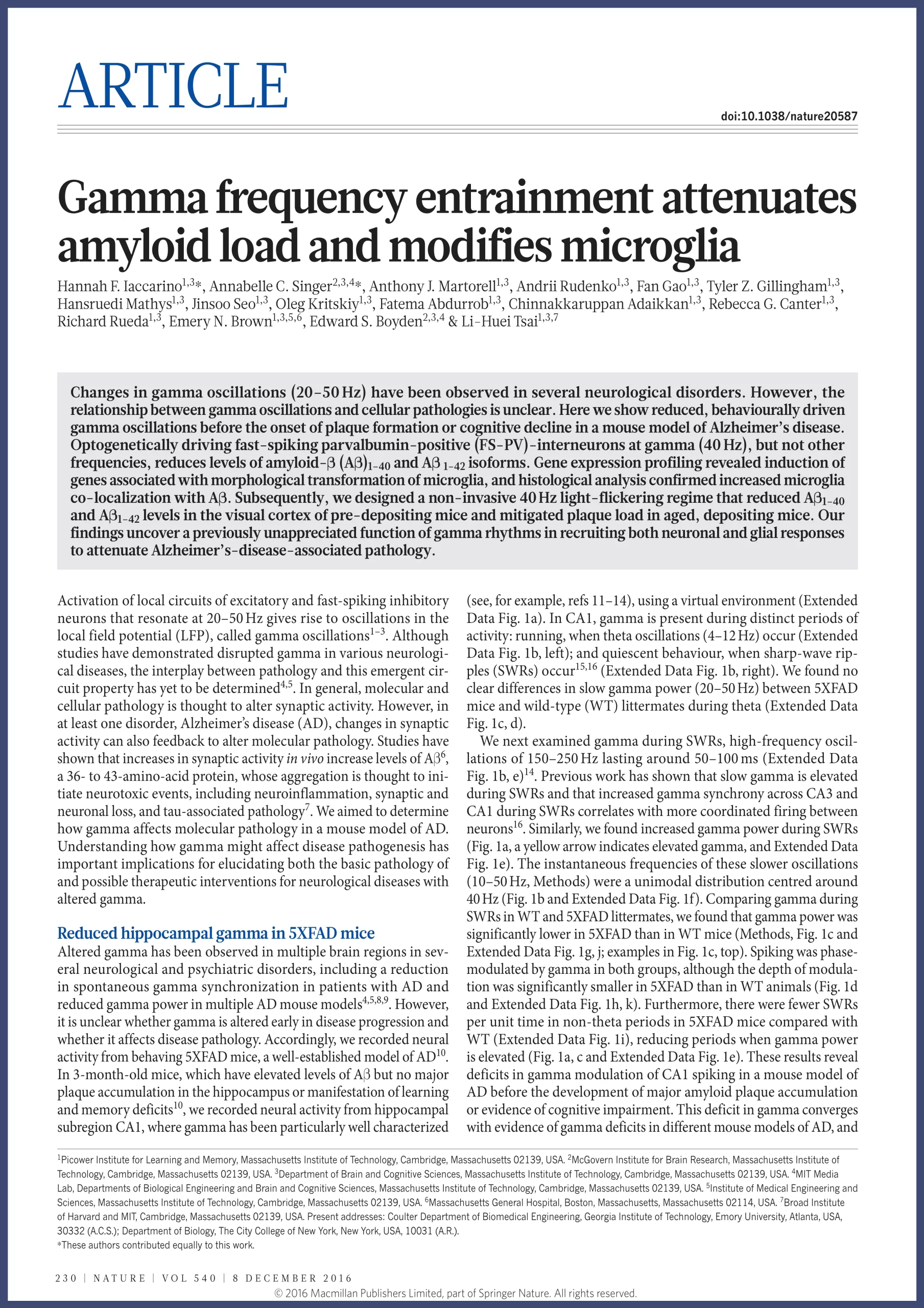 Gamma frequency entrainment attenuates amyloid load and modifies microglia publication by Iccarino, 2016