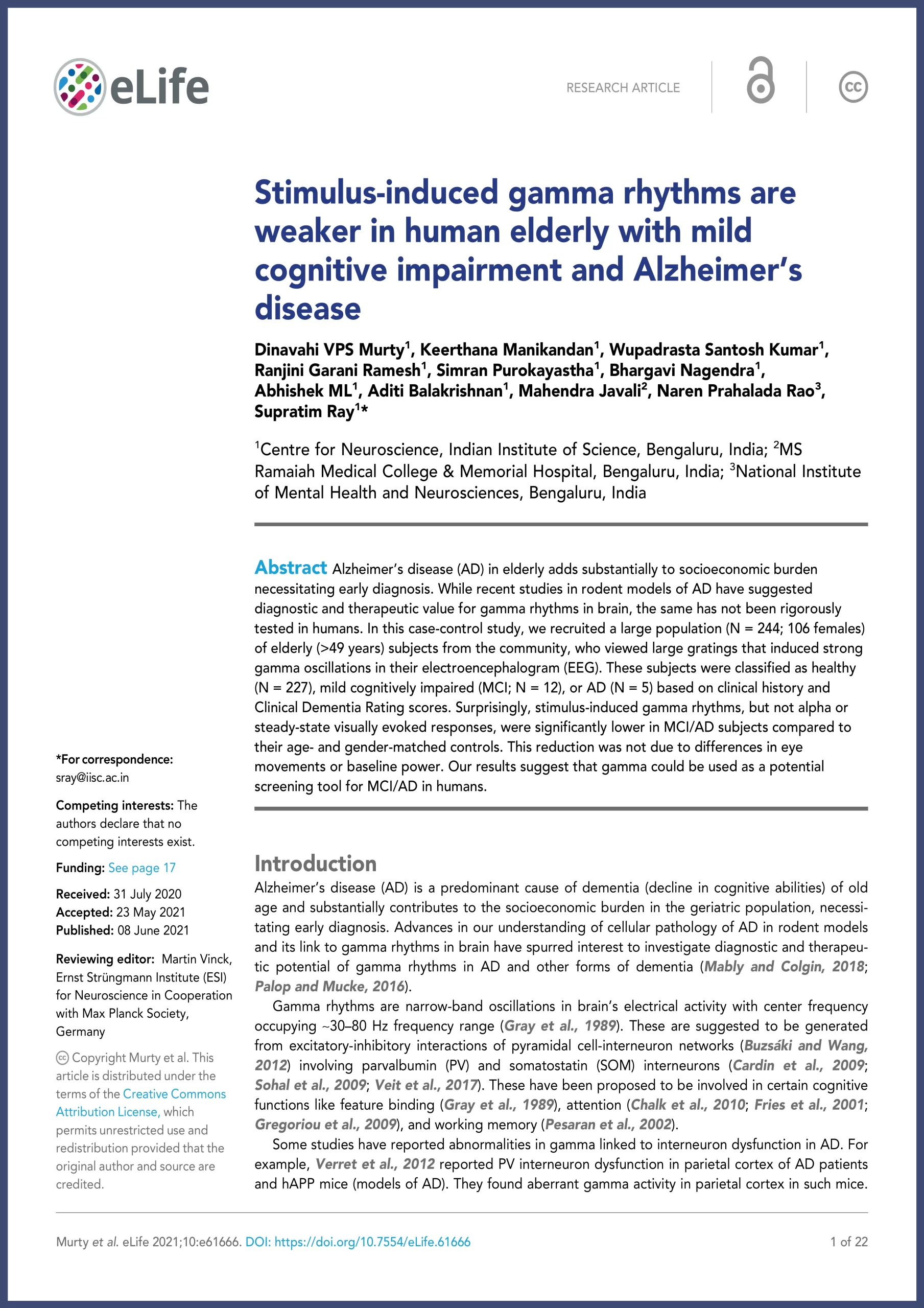 Stimulus-induced gamma rhythms are weaker in human elderly with mild cognitive impairment and Alzheimer's disease publication by Murty, 2021