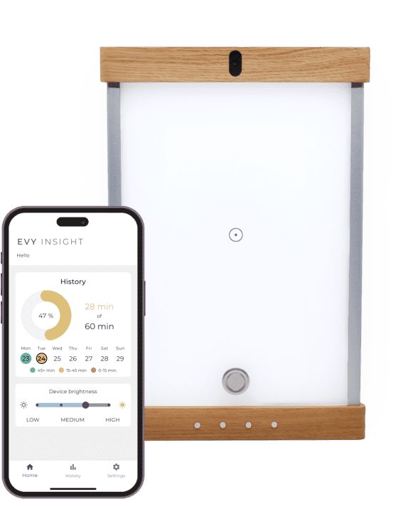 EVY LIGHT standing next to EVY INSIGHT APP displayed on iphone screen