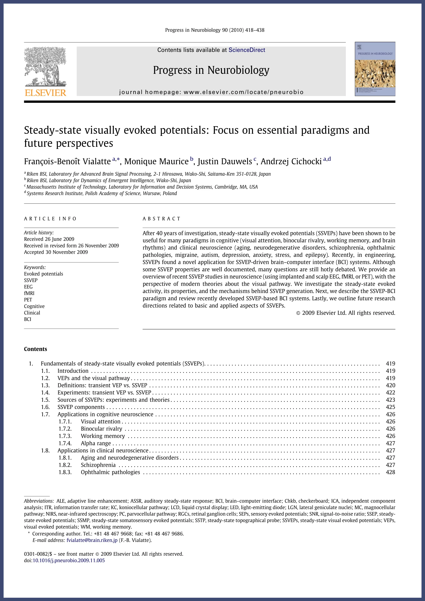 Steady-state visually evoked potentials: Focus on essential paradigms and future perspectives publication by Vialatte, 2010